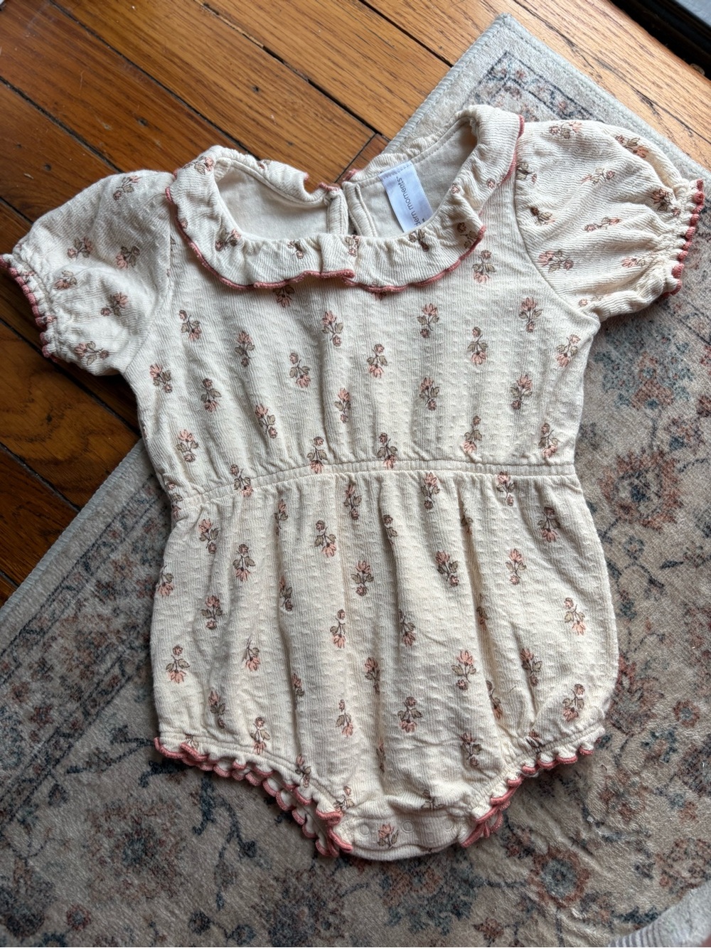 18M Modern Moments Cream Floral Ruffle Collar Baby Romper with Pink Trim